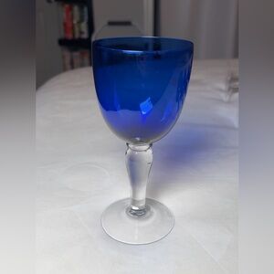 Set Of 6 Vintage Cobalt Blue 7.5" Tall Goblets Clear Stem
